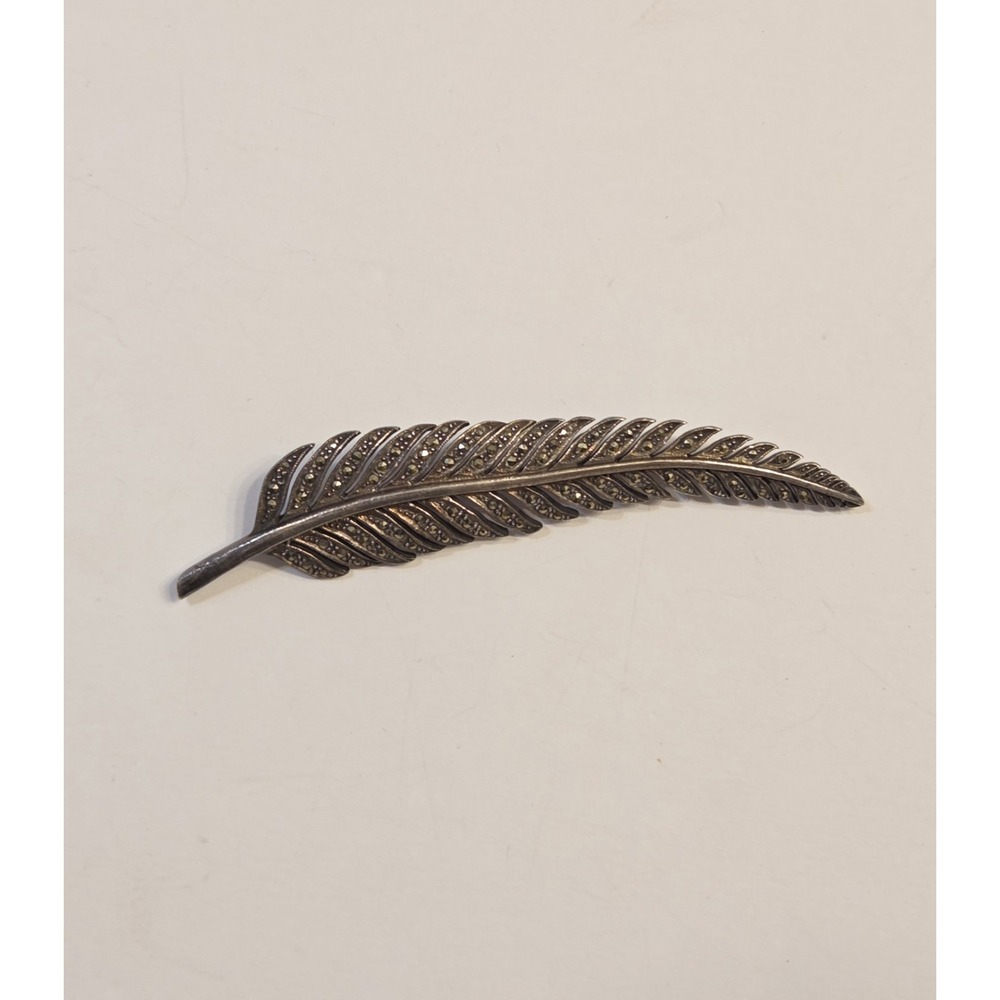 Sterling‎ Silver 925 Marcasite Feather Brooch Pin